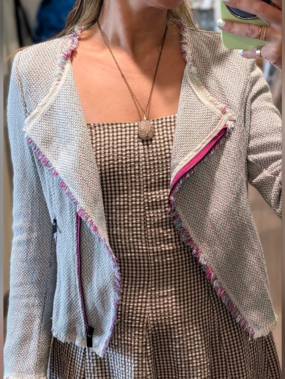 Amisu Cream Tweed Jacket with Pink Trim